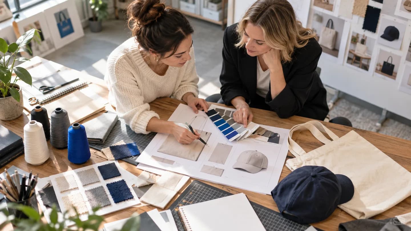 Illustrative generated scene of a designer and client planning customization with swatches, fabrics, and placement drawings