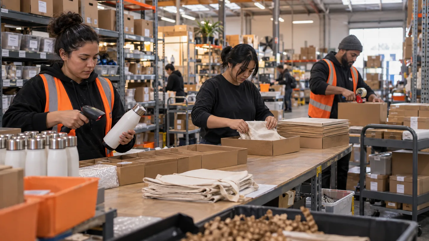 Illustrative generated scene of a warehouse team scanning, kitting, and packing promotional-product orders