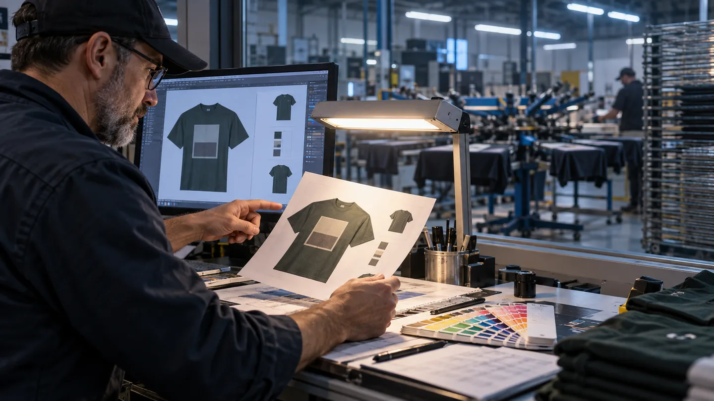 Illustrative generated scene of a prepress operator comparing digital artwork with a printed proof in a print shop