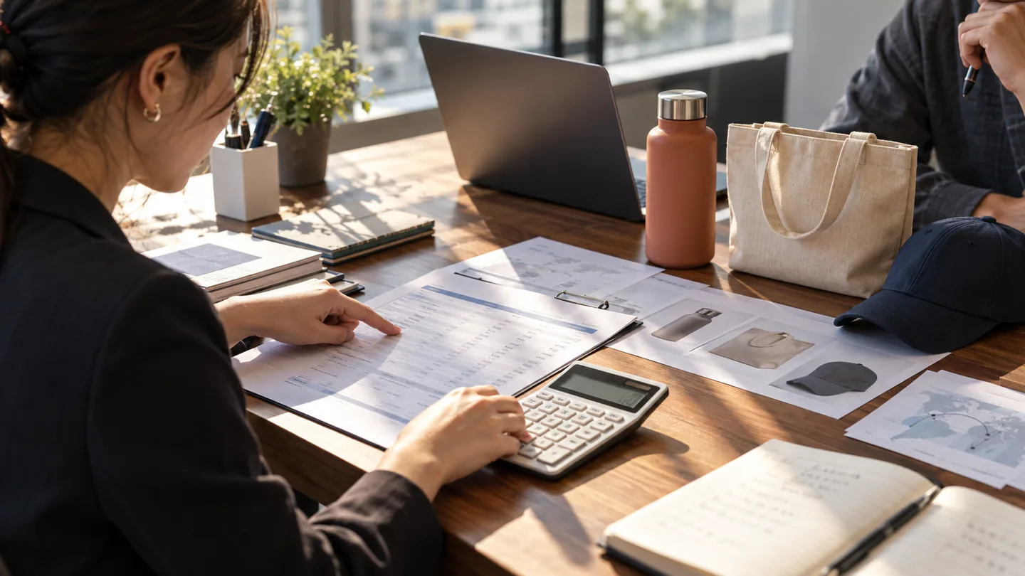 Illustrative generated scene of a project manager preparing a quote with itemized sheets, a calculator, and product samples