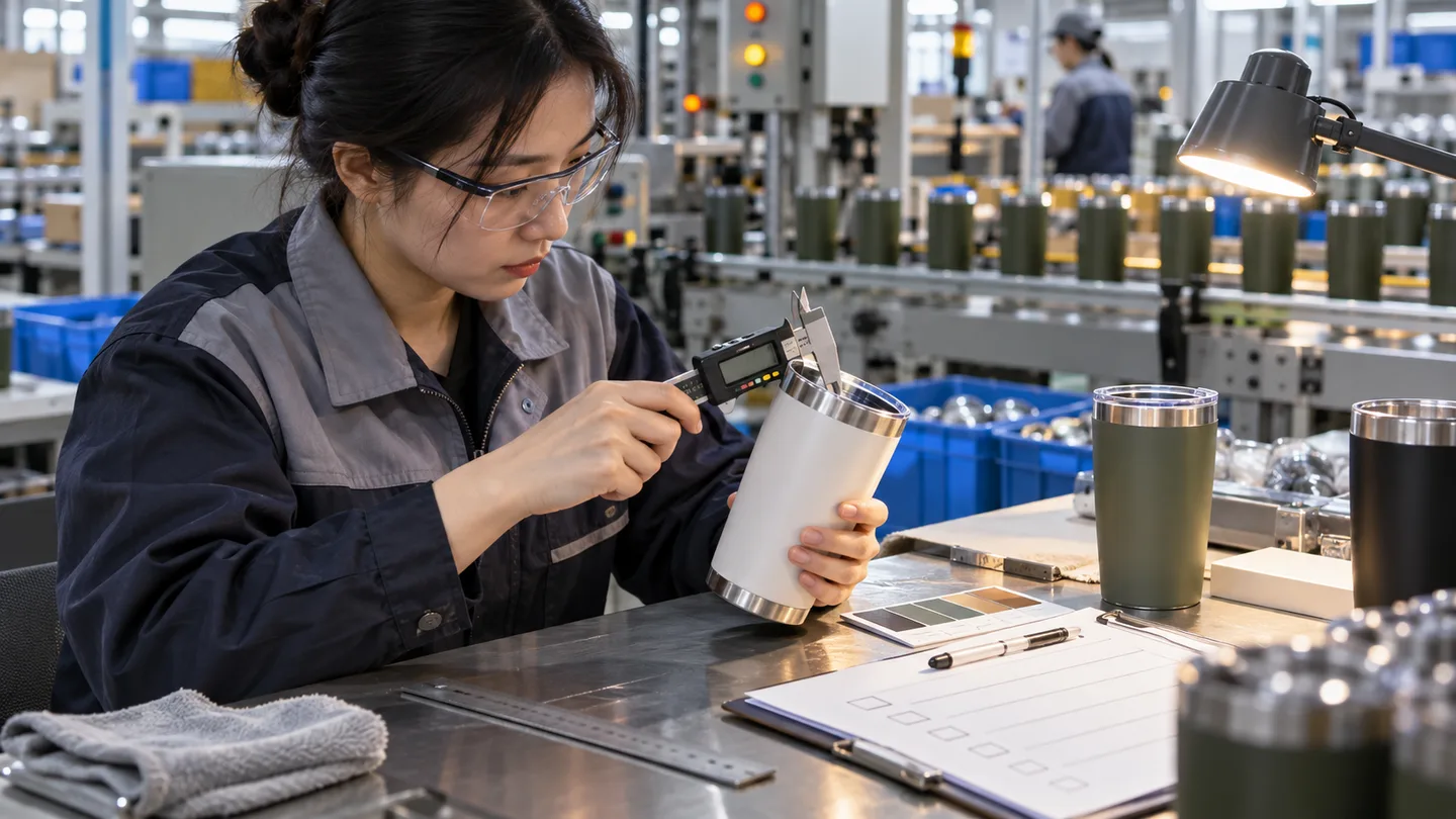 Illustrative generated scene of a quality specialist measuring a tumbler sample on a production line
