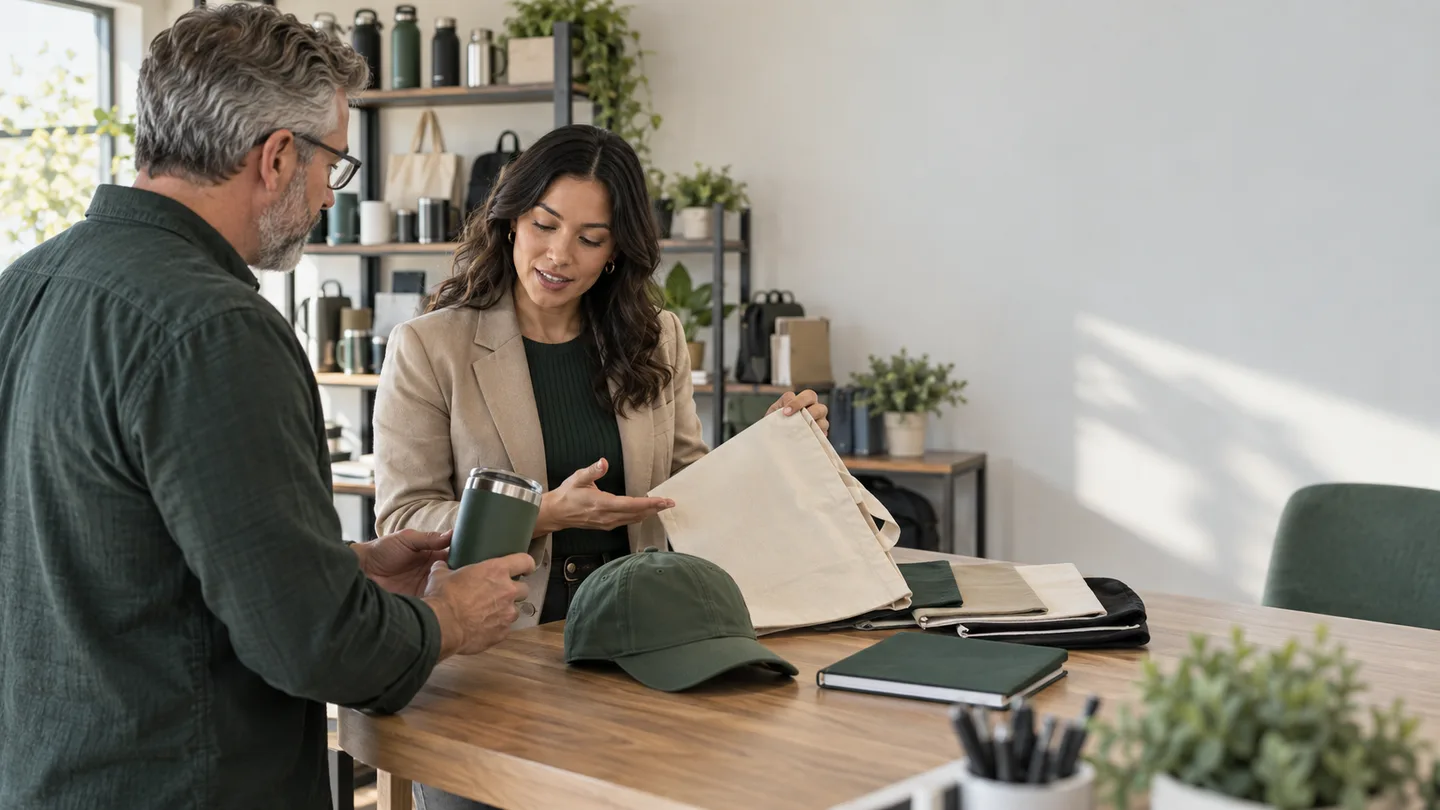 Illustrative generated scene of a distributor client and sourcing specialist comparing merchandise samples in a showroom