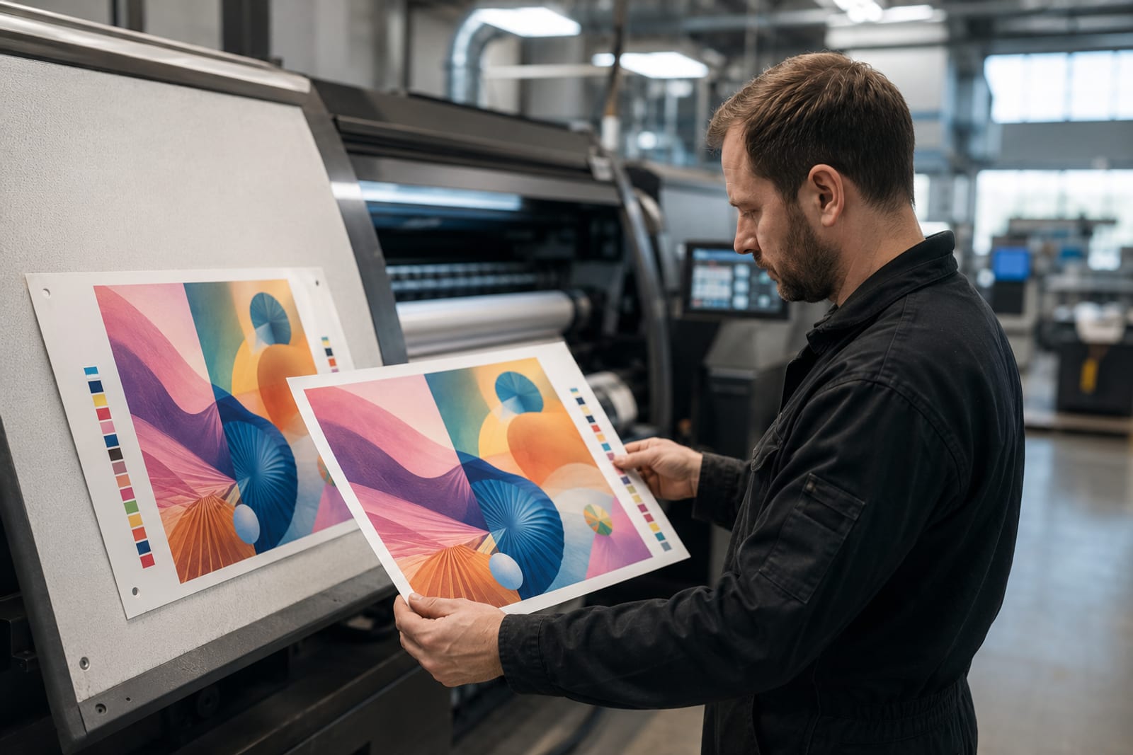 A print operator compares a freshly printed color proof against a mounted reference next to a large-format press.